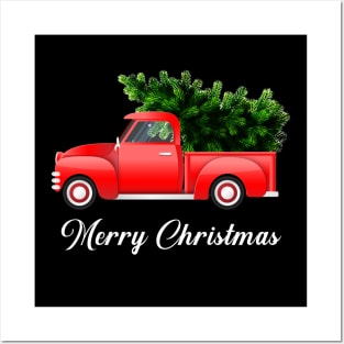 Merry Christmas Retro Vintage Red Truck Posters and Art